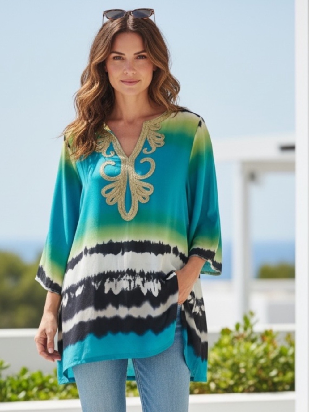 NWOT,Nicole  By Nicole Miller  Embroidered Tunic Blue Gold Boho Top,size M